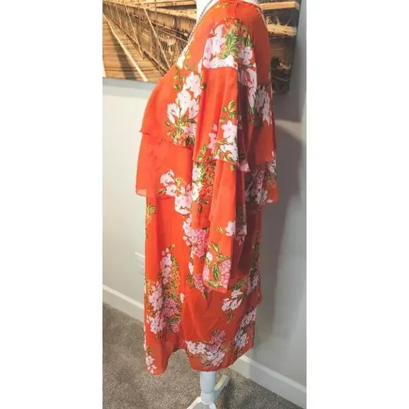 Who What Wear Red Cascading Floral Tiered Dress with Sheer Top Size M #H85 - Picture 2 of 8
